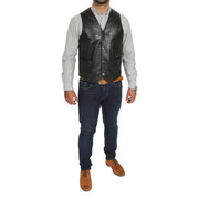 Mens Soft Leather Waistcoat Classic Gilet Bruno Black full view