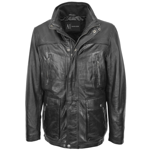 Mens Soft Leather Parka With Hood 3/4 Long Coat DAVE Black 1