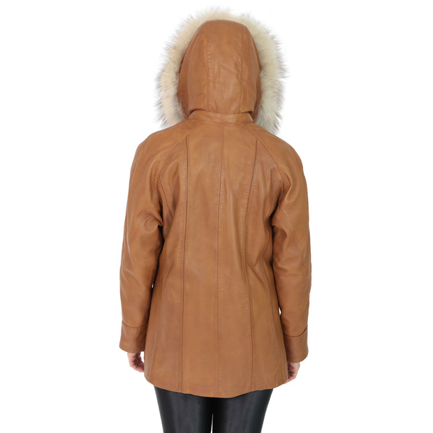 Womens Zip up Detachable Hood Parka Duffle Leather Coat Isabella Tan Back 2