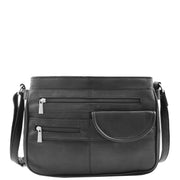 Ladies Soft Leather Crossbody Multi Zip Pockets Bag Dolores Black Front 1