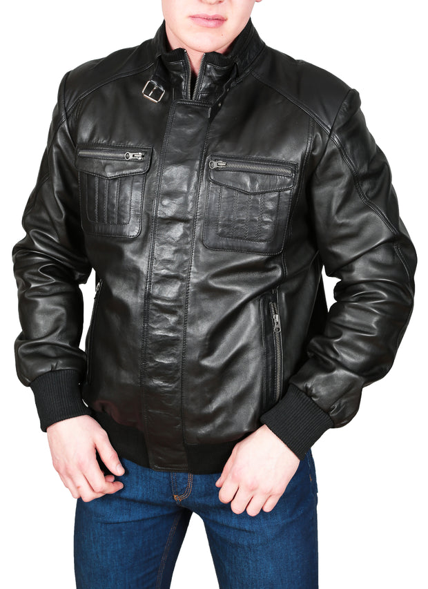 Mens Bomber Soft Leather Jacket Zip Fasten Ryan Black