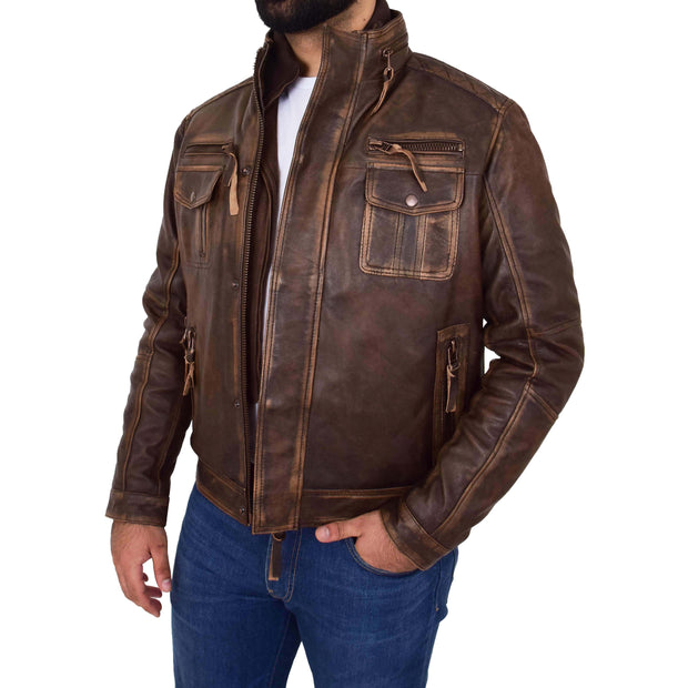 Rust Rub Off Biker Leather Jacket For Men Vintage Rugged Style Coat Mario Open 2