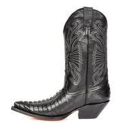 Real Leather Pointed Toe Croc Print Cowboy Boots AC229 Black Side 2