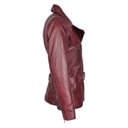 Womens Biker Leather Jacket Slim Fit Cut Hip Length Coat Coco Burgundy Side 1