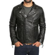 Mens Black Leather Biker Jacket X-Zip Fasten Trendy Designer Coat Max Front