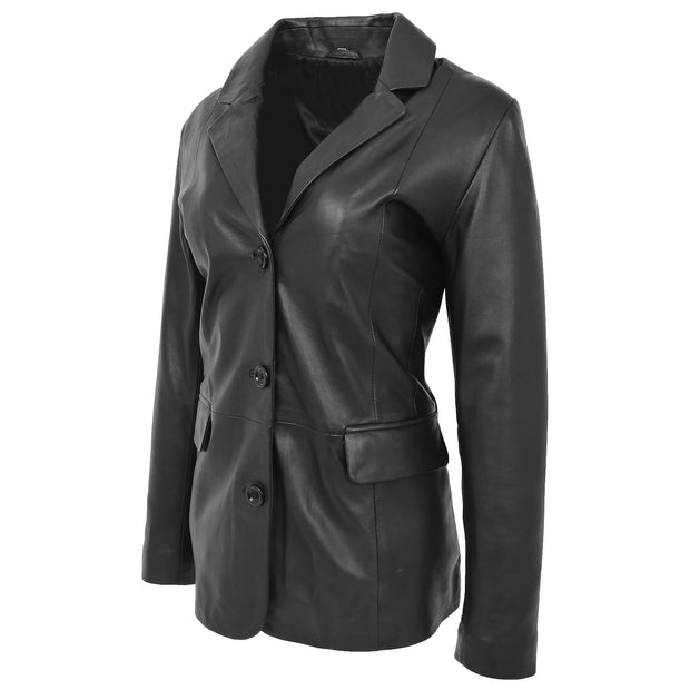Womens Soft Black Leather Blazer Jacket Button Fasten Semi Fit Coat Leila Front Angle 2