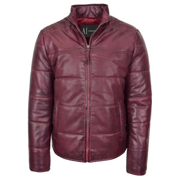 Mens Real Leather Puffer Jacket Fully Padded With Hood DRACO Burgundy 4
