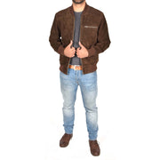 Mens Genuine Suede Bomber Jacket Roco Brown Full