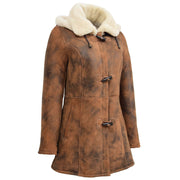 Womens Real Sheepskin Duffle Coat Hooded Shearling Jacket Armas Cognac