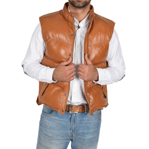 Mens Quilted Leather Waistcoat Body Warmer Gilet Jeff Tan Open