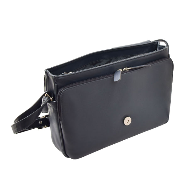 Ladies NAVY Leather Shoulder Bag Flap Over Handbag A190 Open