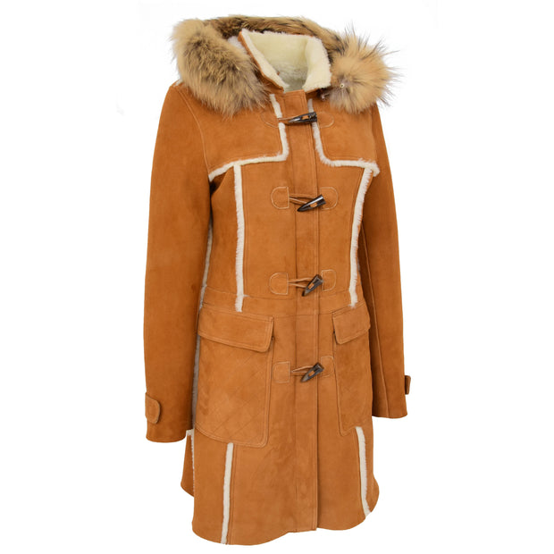 Womens Genuine Sheepskin Duffle Coat Hooded Shearling Jacket Evie Tan Front Angle 2