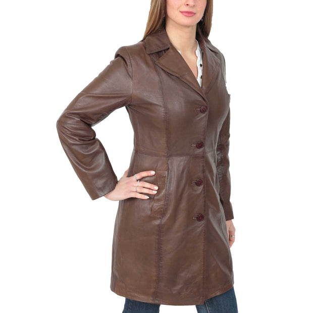 Womens 3/4 Button Fasten Leather Coat Cynthia Brown Front