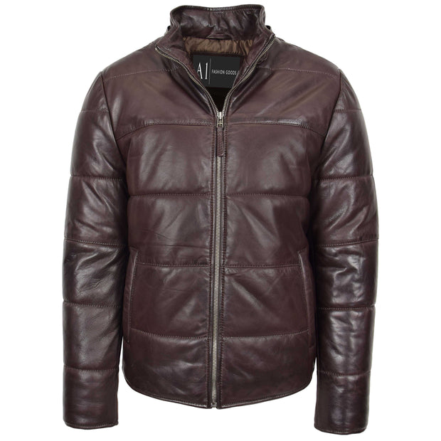 Mens Real Leather Puffer Jacket Fully Padded With Hood DRACO Brown 8