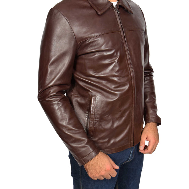 Mens Classic Zip Fasten Box Leather Jacket Tony Brown side view