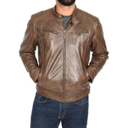 Mens Leather Jacket Biker Style Zip up Coat Bill Brown