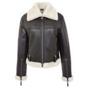 Womens Luxurious Brown Genuine Sheepskin Flying Jacket White Shearling Harriet Without Belt