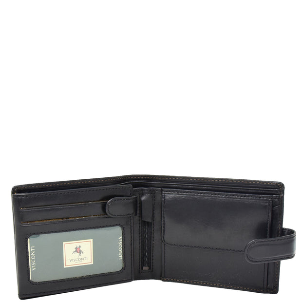 Mens Genuine Italian Leather Snap Closure Wallet AVZ5 Black Open 1