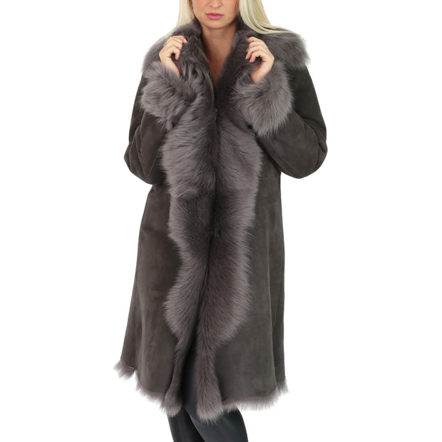 Womens Luxurious Toscana Long Coat Real Sheepskin Pamela Grey feature 1 