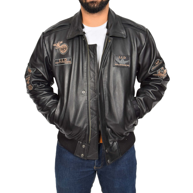 Mens Pilot Bomber Leather Jacket Spitfire Black collar off view