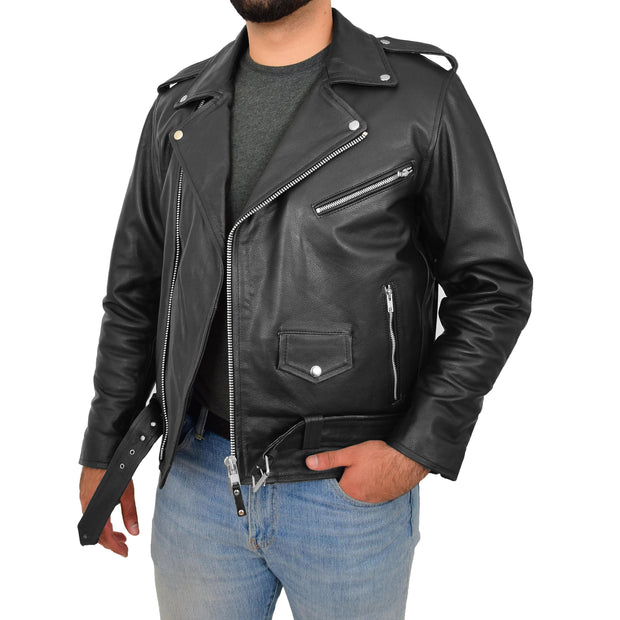 Genuine Cowhide Biker Leather Jacket For Men Casual Brando Coat Rock Black Open