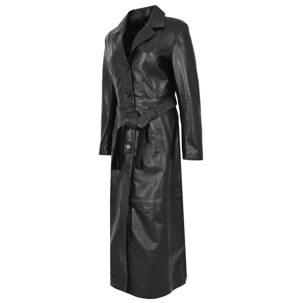Womens Soft Black Leather Full Length Overcoat Ankle Long Matrix Trench Foxy Front Angle 1