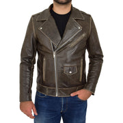 Mens Distressed Leather Biker Jacket Brown Vintage Rub Off Lex Front 1