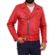 Genuine Cowhide Biker Jacket Heavy Duty Leather Brando Retro Coat Rock Red Front
