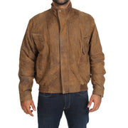 Mens Classic Bomber Nubuck Leather Jacket Alan Brown zip up view