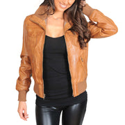 Womens Slim Fit Bomber Leather Jacket Cameron Tan Open 1