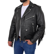 Mens Black Cowhide Biker Jacket With Leather Fringes Belt Tasselled Coat Bill Open 2