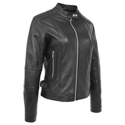 Womens Soft Black Leather Biker Jacket Designer Stylish Fitted Quilted Celeste
