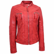 Womens Soft Leather Biker Jacket Red Casual Fitted Trendy Stylish Zoe