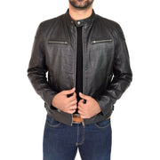 Mens Leather Jacket Biker Style Zip up Coat Bill Black Open