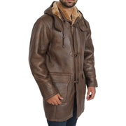 Mens Genuine Sheepskin Duffle Coat 3/4 Long Hooded Jacket Mitchel Brown Front 1