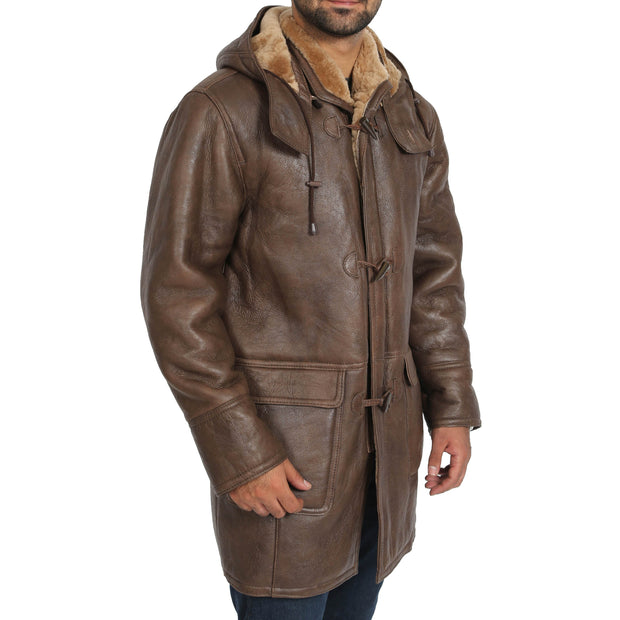 Mens Genuine Sheepskin Duffle Coat 3/4 Long Hooded Jacket Mitchel Brown Front 1