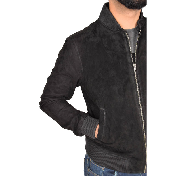 Mens Soft Goat Suede Bomber Varsity Baseball Jacket Blur Black Feature