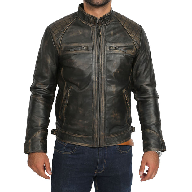 Gents Washed Biker Leather Jacket Django Rub Off Front