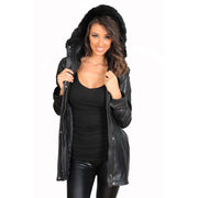 Womens Duffle Leather Coat Detachable Hood 3/4 Long Parka Jacket Mila Black Open 1
