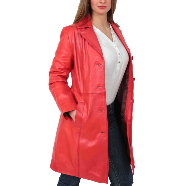 Womens 3/4 Button Fasten Leather Coat Cynthia Red Open 2