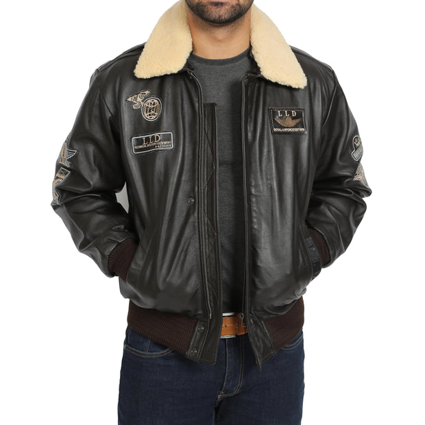 Mens Pilot Bomber Leather Jacket Spitfire Brown zip open view