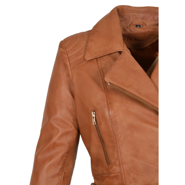Womens Biker Leather Jacket Slim Fit Cut Hip Length Coat Coco Tan Feature