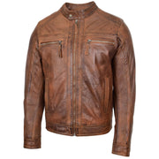 Mens Leather Biker Jacket Vintage Band Collar Fitted CALVIN Antique Brown 5