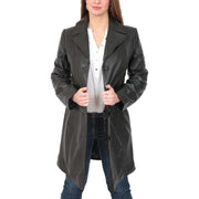 Womens 3/4 Button Fasten Leather Coat Cynthia Black button open