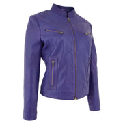 Womens Fitted Leather Biker Jacket Casual Zip Up Coat Jenny Purple 2