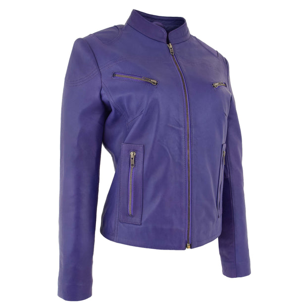 Womens Fitted Leather Biker Jacket Casual Zip Up Coat Jenny Purple 2