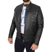 Trendy Genuine Soft Leather Biker Zipper Jacket For Men Rider Black Front 5