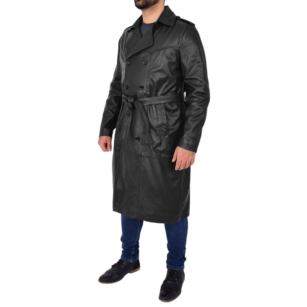 Mens Trench Leather Coat 3/4 Long Black Reefer Overcoat Sherlock Front Side 4