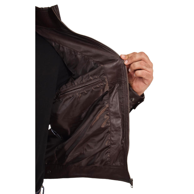 Mens Genuine Leather Biker Jacket Fitted Zip Up Coat Felix Brown Lining