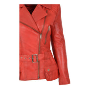 Womens Biker Leather Jacket Slim Fit Cut Hip Length Coat Coco Red Feature
